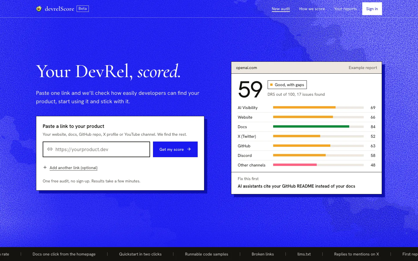 The devrelScore home page: "Your DevRel, scored." with a link field and an example report scoring openai.com 59 out of 100